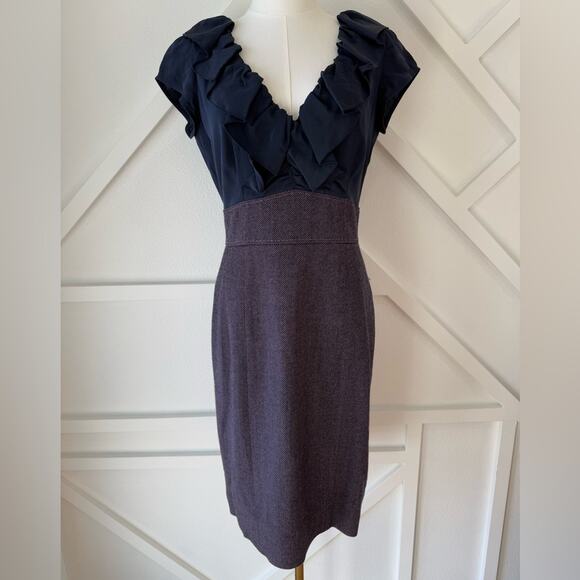 Rebecca Taylor Ruffle 100% Silk Wool Tweed Sheath Dress Blue and Purple Size 10 - Picture 1 of 13